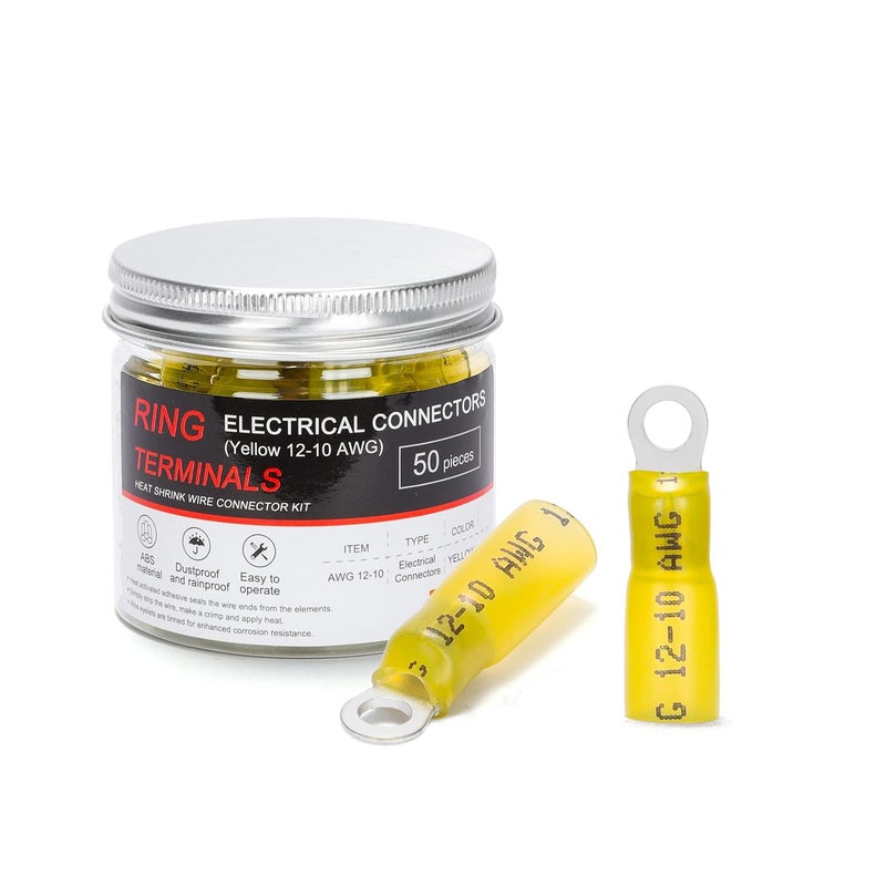 HK-S 50 PCS Ring Terminals #8 Yellow 12-10 AWG - M4 - Electrical Connectors - Heat Shrink Wire Connector Kit - Tinned Red Copper - Automotive Marine Ring Connectors - Waterproof and Insulated - Image 1